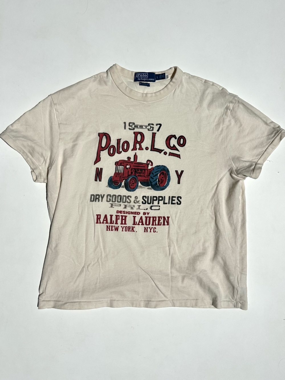 Polo by Ralph Lauren Cream Tee with Red & Blue Logo & Tractor Graphic, L